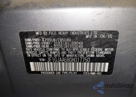 2016 Subaru Impreza 2.0I из США, поврежденный, VIN JF1GJAA68GH017750